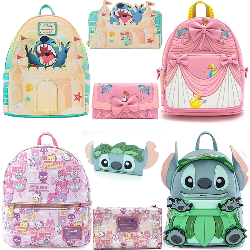 2 teile/satz Loungefly Disney Stich Luau Cosplay Frauen Doppel Strap Schulter Tasche Geldbörse Sandcastle Strand Überraschung Rucksack Brieftasche Image