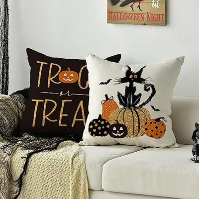 Leinen quadratischen Kissen bezug Kürbis Katze glücklich Halloween Süßes oder Saures Herbst Image