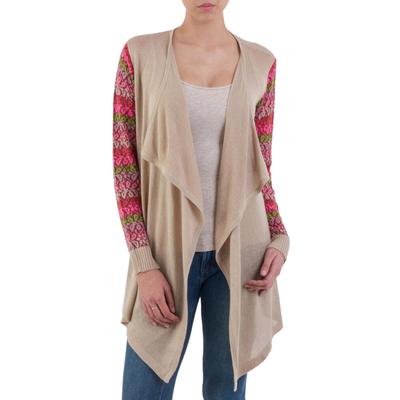 Garden in Pale Beige,'Beige Open Front Cardigan with Multicolor Floral Sleeves'