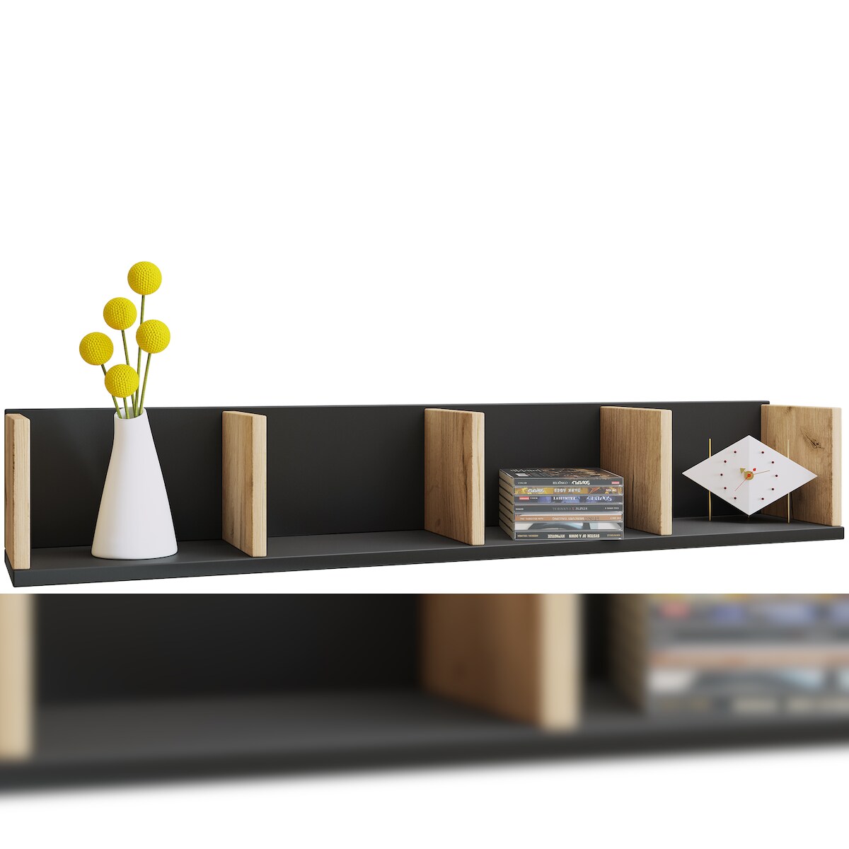 VCM Wandregal Honsa Schwarz / Honig-Eiche H. 15 x B. 97 x T. 17 cm Image