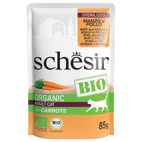 Sparpaket: 16x85g Schesir Bio Pouch Sterilized Bio-Rind und Bio-Huhn Katzenfutter nass