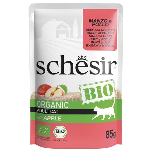 8x85g Schesir Bio Pouch Bio-Rind und Bio-Huhn mit Bio-Apfel Katzenfutter nass