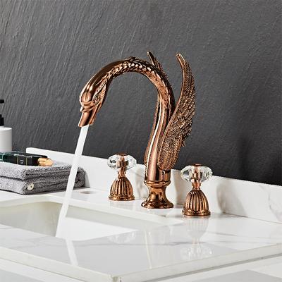 Widespread Bathroom Sink Mixer Faucet, 2 Handle 3 Holes Basin Taps Swan Noble Luxury Golden and Oil-rubbed Bronze Bath Taps