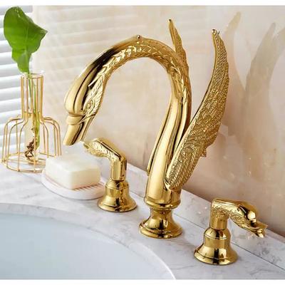 Widespread Bathroom Sink Mixer Faucet, 2 Handle 3 Holes Basin Taps Swan Noble Luxury Golden and Oil-rubbed Bronze Bath Taps