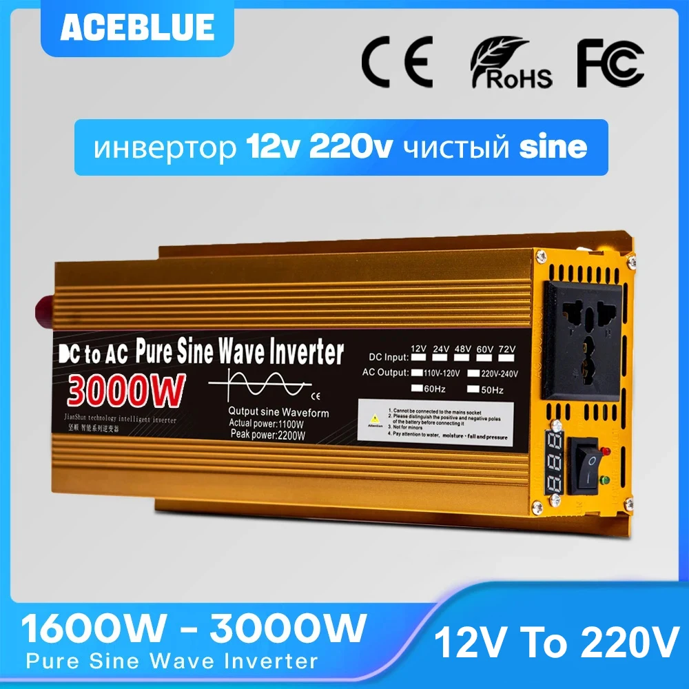 Onduleur 12v 220v onde sinusoïdale Pure 1600W 2200W 3000W DC 12v à AC 220V convertisseur d