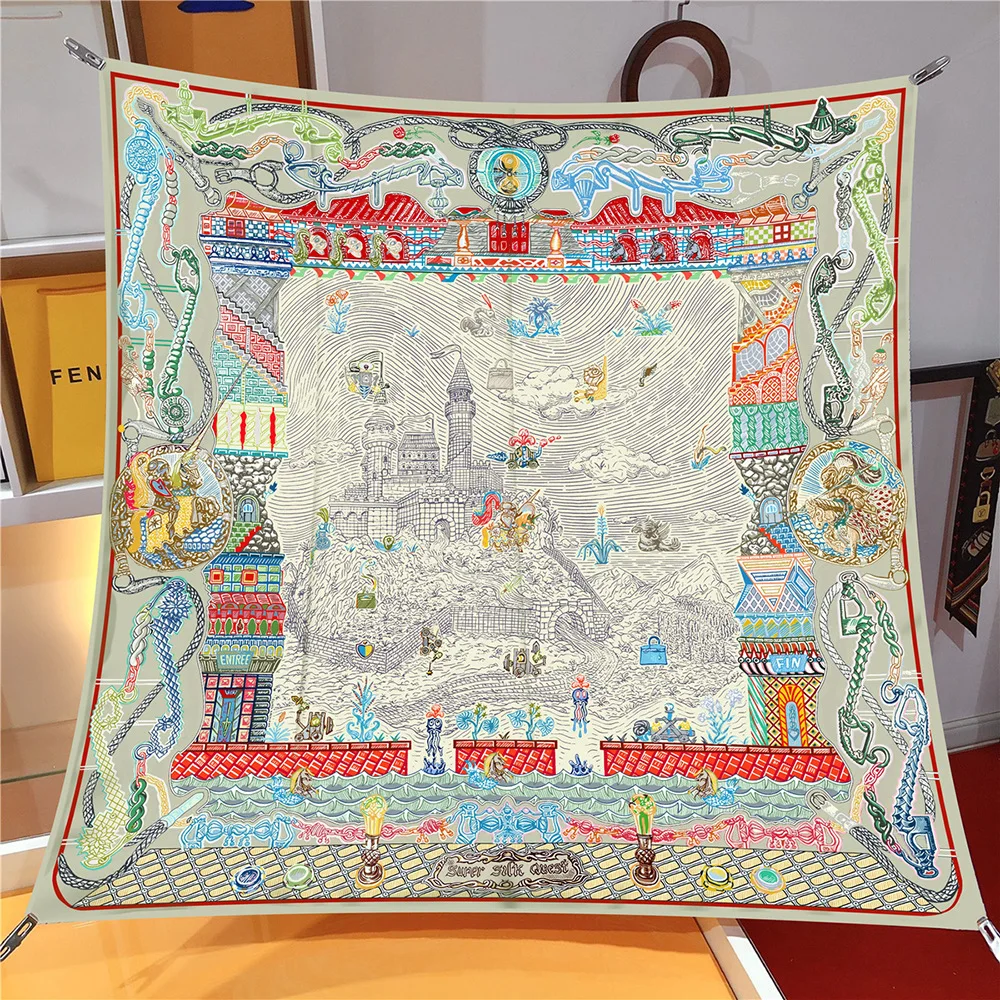 90cm Twill Seiden schal für Frauen architekto nischen Abenteuer druck Wraps Stirnband Schal stiehlt Hijab Lady Square Foulard Bandana Image