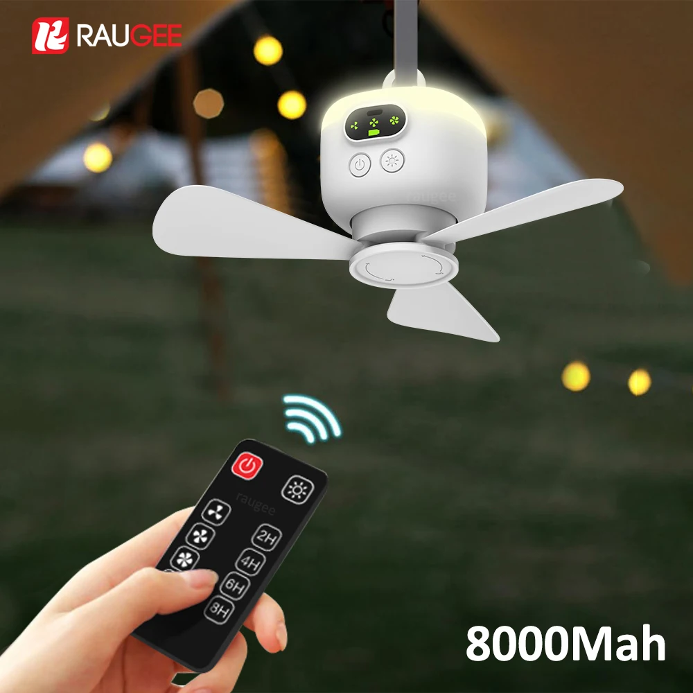 Deckenventilator, USB wiederaufladbar, Camping-Zeltventilator, 8000 mAh, mit Nachtlampe, starker Wind, Haushalt, Outdoor, Deckenventilator, 4 Gänge