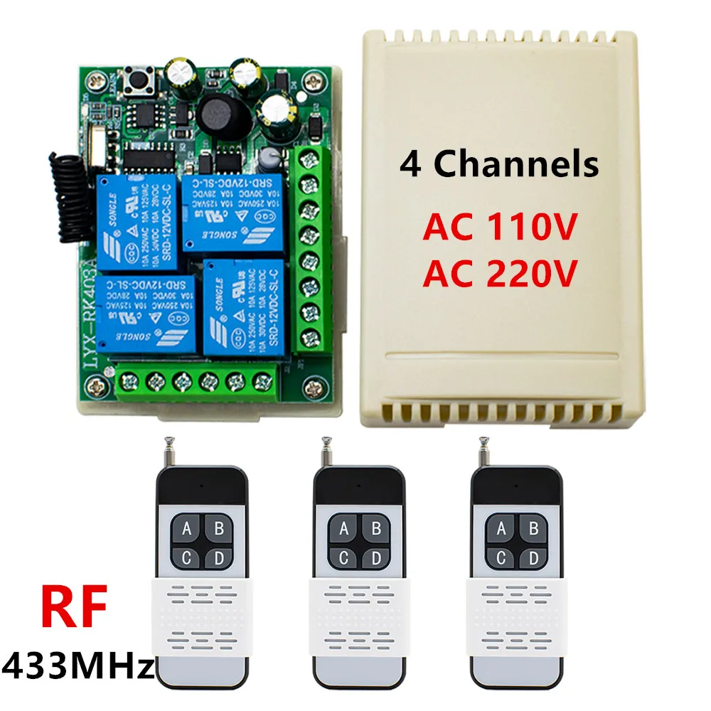 Drahtloser RF-Schalter AC 110V 240V 220V 4CH Relais-Empfängermodul + 4-Tasten-RF-Fernbedienung 433Mhz Sender für Garage Car Gate Image