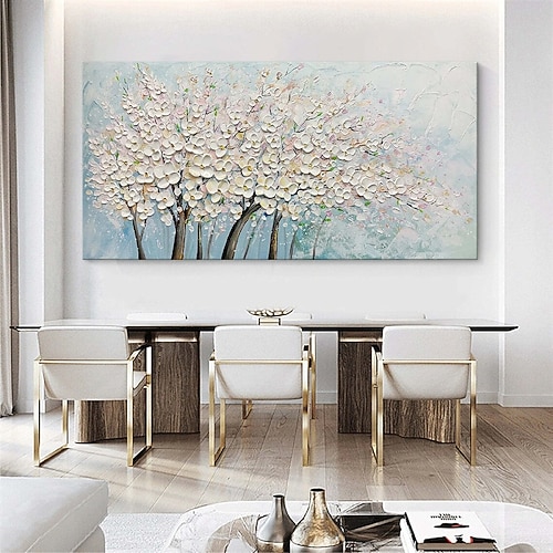 handgemachtes großes 3D-Blumenölgemälde auf Leinwand, handgemaltes weißes Kirschblütengemälde, großes Wandkunstgemälde, handgemachtes Palettenmessergemälde, strukturiertes Acrylgemälde, Image