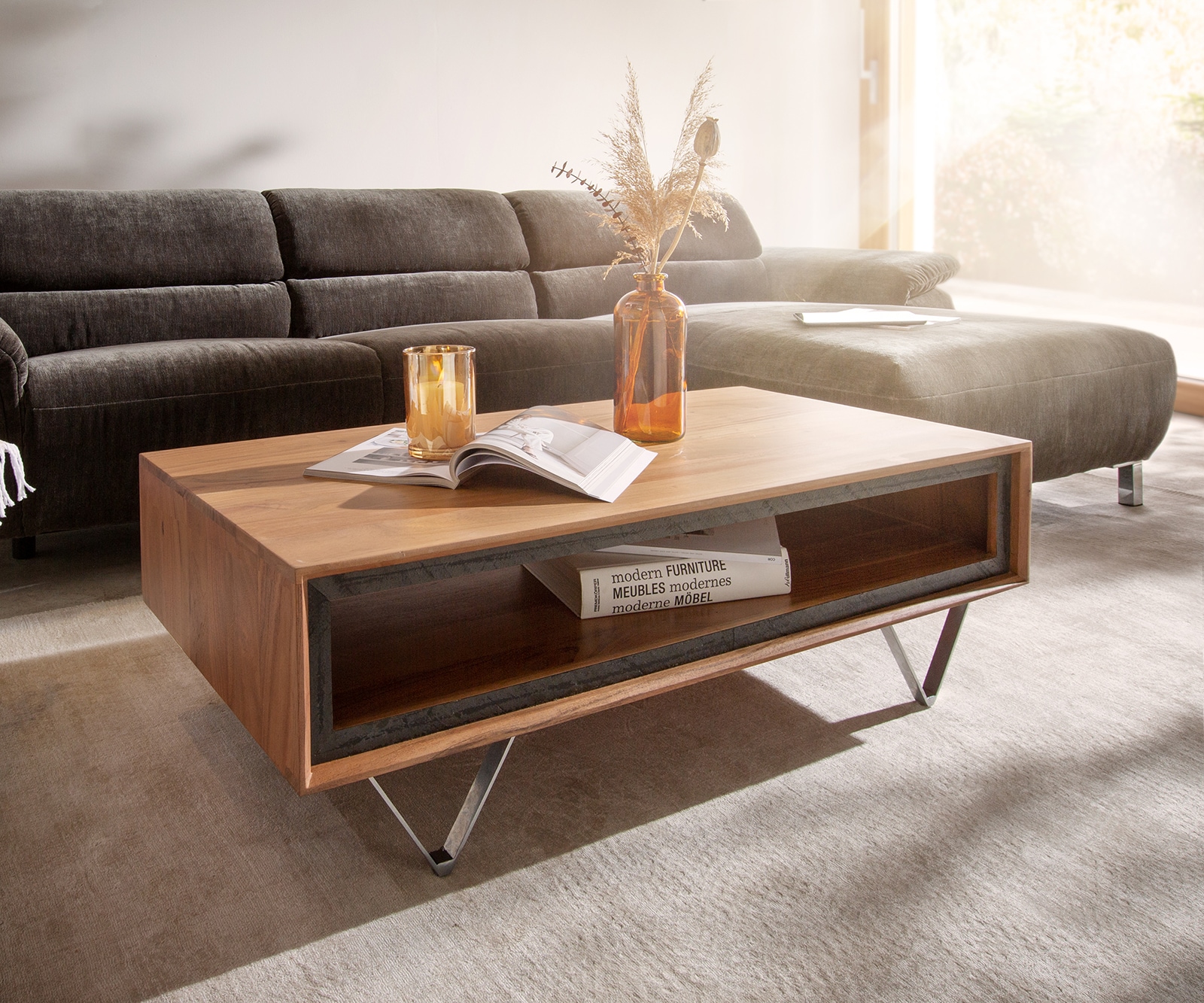 DELIFE Couchtisch Stonegrace 115x60 cm Akazie Natur 1 Fach Steinfurnier, Couchtische Image
