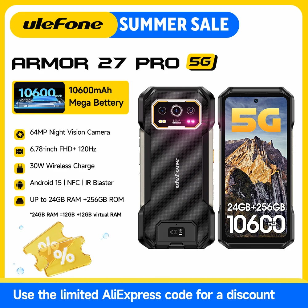 Ulefone Armor 27 Pro 5G Rugged Phone 10600mAh Smartphone 50MP Camera 64MP Night Android 15 Up to 24GB+256GB NFC Waterproof Phone