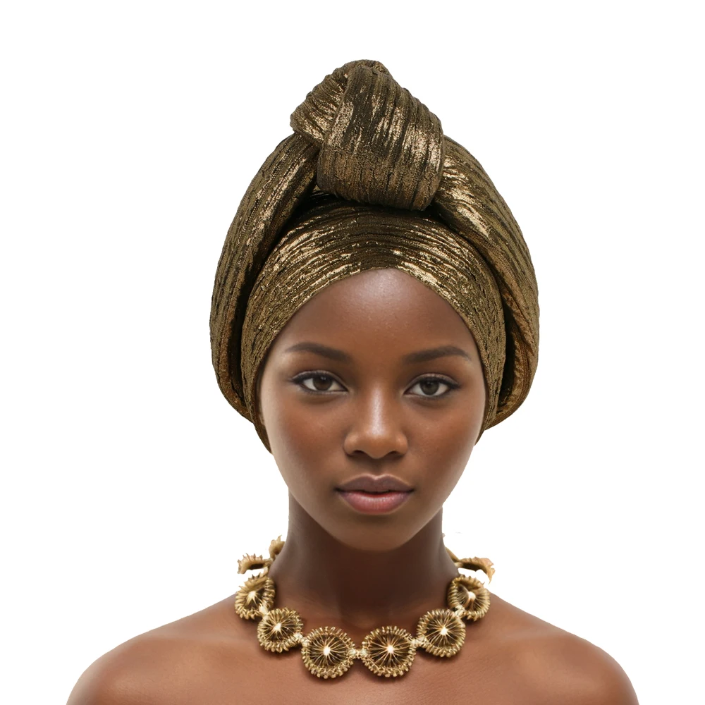 Glänzendes Oberteil, geknotete afrikanische Kopfbedeckung, Damen-Turban-Kappe, traditioneller afrikanischer Kopfschmuck, Auto-Gele-Kopfwickel, nigerianische Hochzeitsgele Image