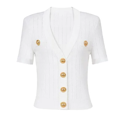 Sml Black And White High-quality Fashionable Elastic Knitted Fabric Button Decoration Short Sleeved