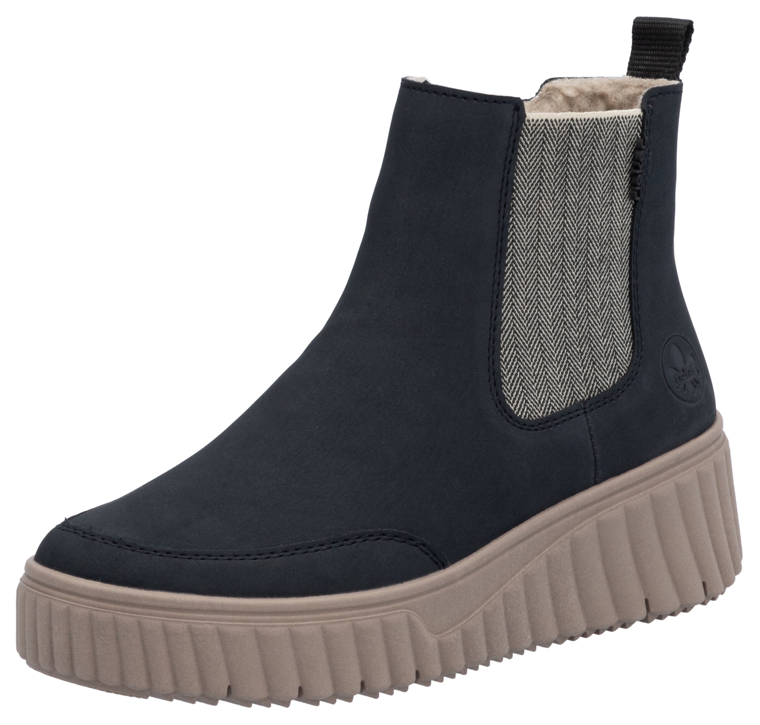 Chelseaboots RIEKER, Damen, Gr. 42, blau (nachtblau), Nubuklederimitat, Schuhe Chelseaboots, Schlupfboots, Keilstiefelette mit Anziehlasche, Topseller