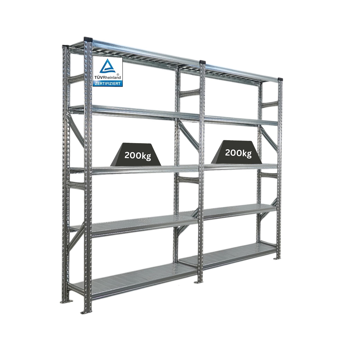 PROREGAL Fachbodenregal PROXIMO Stecksystem | Komplettregal | HxBxT 200x240x32cm | 5 Ebenen | Fachlast 200 kg | Beidseitig nutzbar | Verzinkt Image