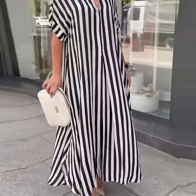 TEMU Women's Plus Size Black & White Striped Shirt Dress - Casual V-neck, Short Sleeve, Mid-length With Chest Pocket, Loose Fit For Spring/summer/fall, Casual Attire| Dress|nonpadded Dres Image