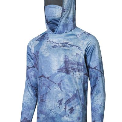 TEMU Men's Sun Protection Hooded Shirt With Mask, Active Print Quick Dry Slightly Stretch Long Sleeve Rash Guard For Fishing Hiking Cycling Outdoor