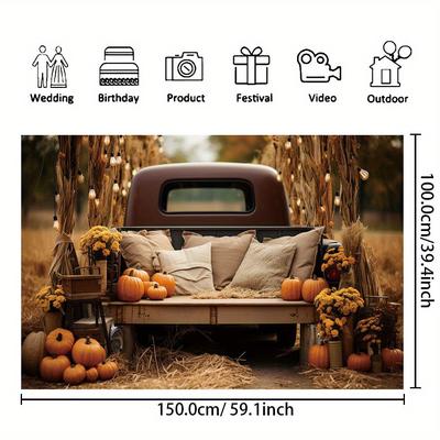 TEMU 1pc, Fall Photography Backdrop, Vinyl, Outdoor Pumpkin Haystack Pickup Backdrop, Birthday Cake Party Banner, Thanksgiving Party Supplies Farm Harvest Portrait Photo Booth Props