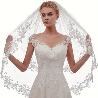 TEMU Women's Short 2-layer Wedding Veil With Comb And Lace Wedding Veil White Cathedral Veil Suitable For Brides And Ladies (white)