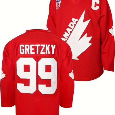 TEMU Men's # 99 Maple Leaf Embroidery Ice Hockey Jersey, Loose Long Sleeve V-neck Sports T-shirt, Breathable Top For Training And Match Wear