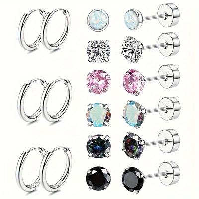 TEMU 9 Pairs Surgical Steel Piercing Earrings For Women Men Hypoallergenic 20g Stud Earrings Set For Sensitive Small Opal Cz Stainless Steel Flat Back Earrings Cartilage Hoop Earrings 8/10/12mm