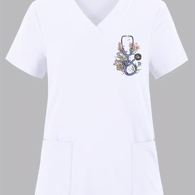 TEMU Stethoscope Flower Print V-neck Scrub Top, Comfortable & Functional Health Care Uniform Top, Perfect For Working In Hospitals & Dental Office, Women's Work Clothing