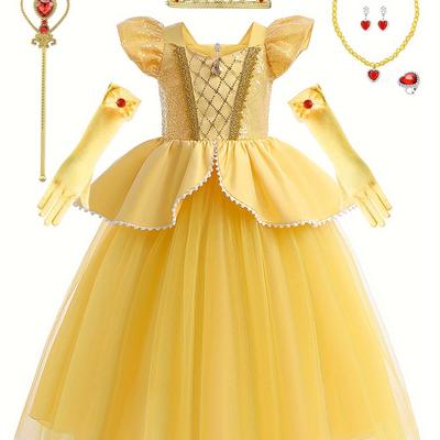 TEMU Girls Stunning & Gorgeous Princess Dress Up Outfit, Flutter Sleeve Sequin Peplum Mesh Tutu Dress & Gloves & Accessories For Birthday Party, As Gifts