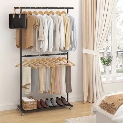 TEMU 1 Pc Double Rod Clothing Garment Rack, Rolling Coat Hanger With Bottom Mesh Storage Shelf, Clothing Rack For Hanging Clothes, Coats, Skirts, Bags, Used In Entryway, Living Room, Bedroom