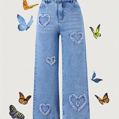 TEMU Heart Patches Girls Loose Jeans, Solid Color Long-length Wide-leg Casual Jeans, Everyday Casual Wear Girls Clothing