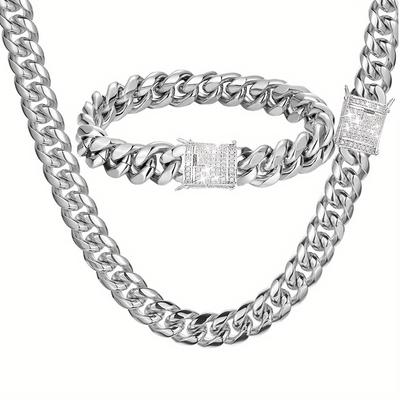 TEMU 2pcs Men's 18k White Gold Plated Hip Hop Jewelry Set, 12mm Stainless Steel Cubic Zirconia Cuban Necklace Bracelet