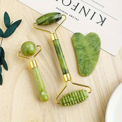 TEMU 3pcs/set Facial Beauty Massage Roller Faux Jade Roller Massager Gua Sha Tool, Double Head Massage Eye Roller Facial Beauty Roller Skin Care Tools For Face Eye Neck Skin Care