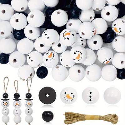 TEMU 50pcs/100pcs Value Pack Christmas Snowman Wooden Beads With Jute Twine, Winter White Round Wood Beads For Diy Crafting Making Holiday Party Home Decor