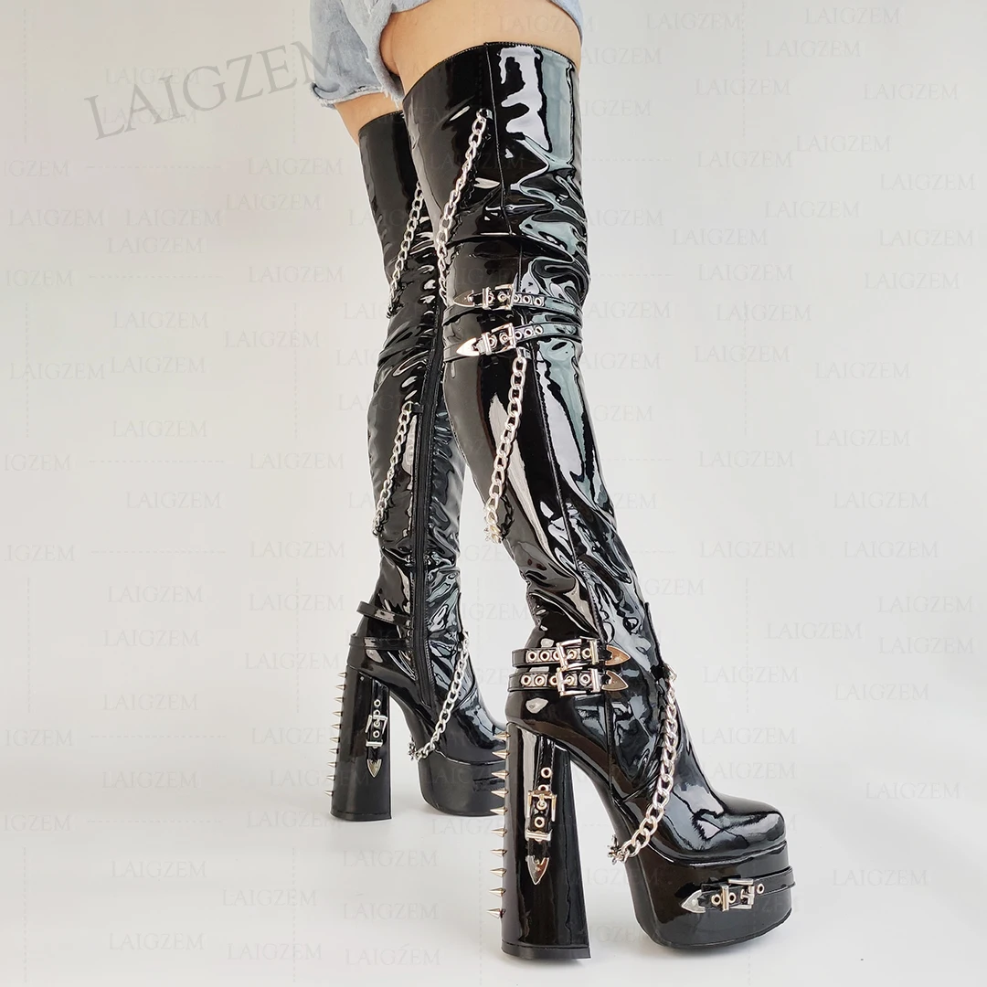 LAIGZEM Slim Fit Frauen Oberschenkel Hohe Stiefel Nieten Ketten Plattform Dicke High Heels Stiefel Full Zip Schuhe Frau Große Größe 41 44 47