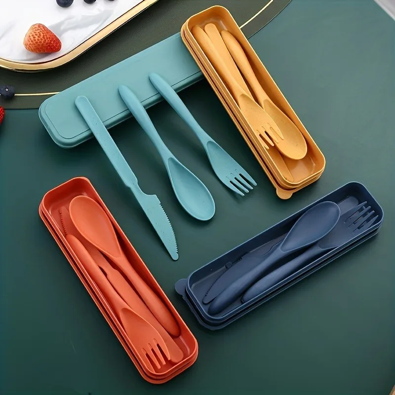 3In1 Tragbare Besteck Set Wiederverwendbare Home Reise Utensil Set Gabel Löffel Messer mit Box Geschirr Set Picknick Camping Geschirr Image