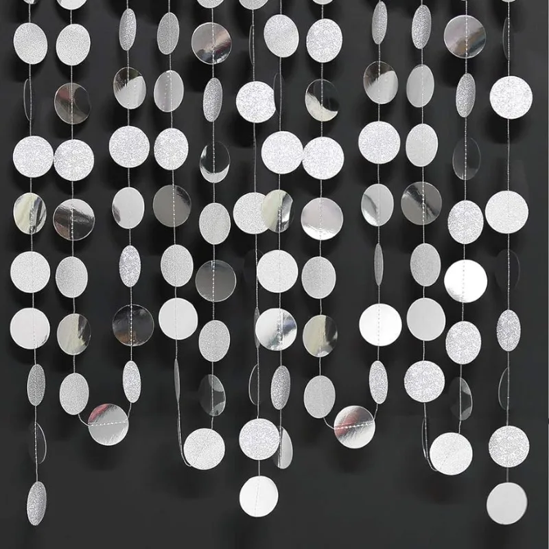 Glitzernde silberne Kreis-Punkte-Girlande zum Aufhängen, Polk Dot Streamer, Party-Dekoration, Schnur-Banner-Hintergrund für Geburtstagsparty-Zubehör Image
