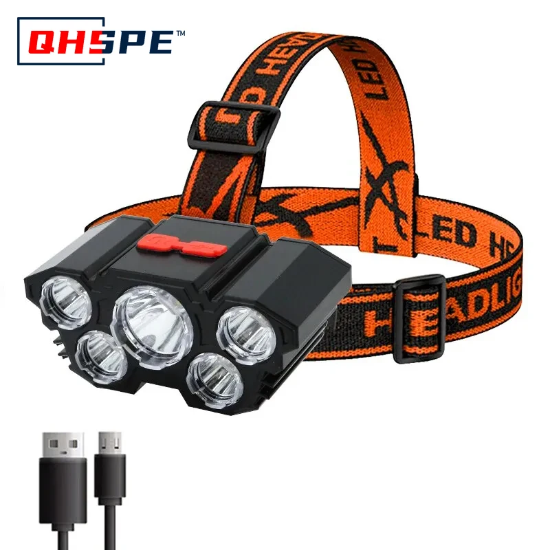 Wiederaufladbare 5-LED-Stirnlampe, starkes Licht, integrierter 18650-Akku für Camping, Abenteuer, Angeln – einstellbarer Fokus, wasserdichter Kopf