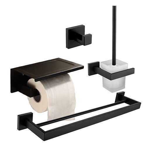 Badzubehör Set mattschwarz enthalten mit Turmgestell / Toilettenpapierhalter / Bademantelhaken / Toilettenbürstenhalter Edelstahl Wandmontage 4 Stück lackiert Image