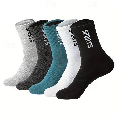 Herren 5 Paare Mehrfachpackungen Socken Laufsport Socken Freizeitsocken Schwarz Weiß Farbe Buchstabe Sport Natur Täglich Urlaub Grundlegend Mittel Frühling Herbst Modisch Brautkleider schlicht Image