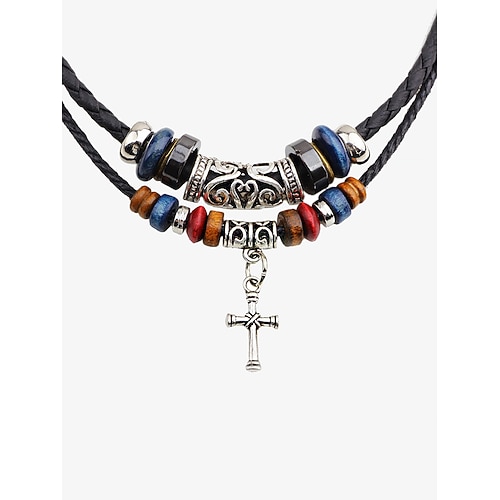 Mehrreihige Halskette mit Ankeranhänger für Herren – mattiertes Seil, schwarzer Gallenstein, Holzperlen und Legierung, verstellbare Länge, nautischer Stil für Freizeit und Strand Image