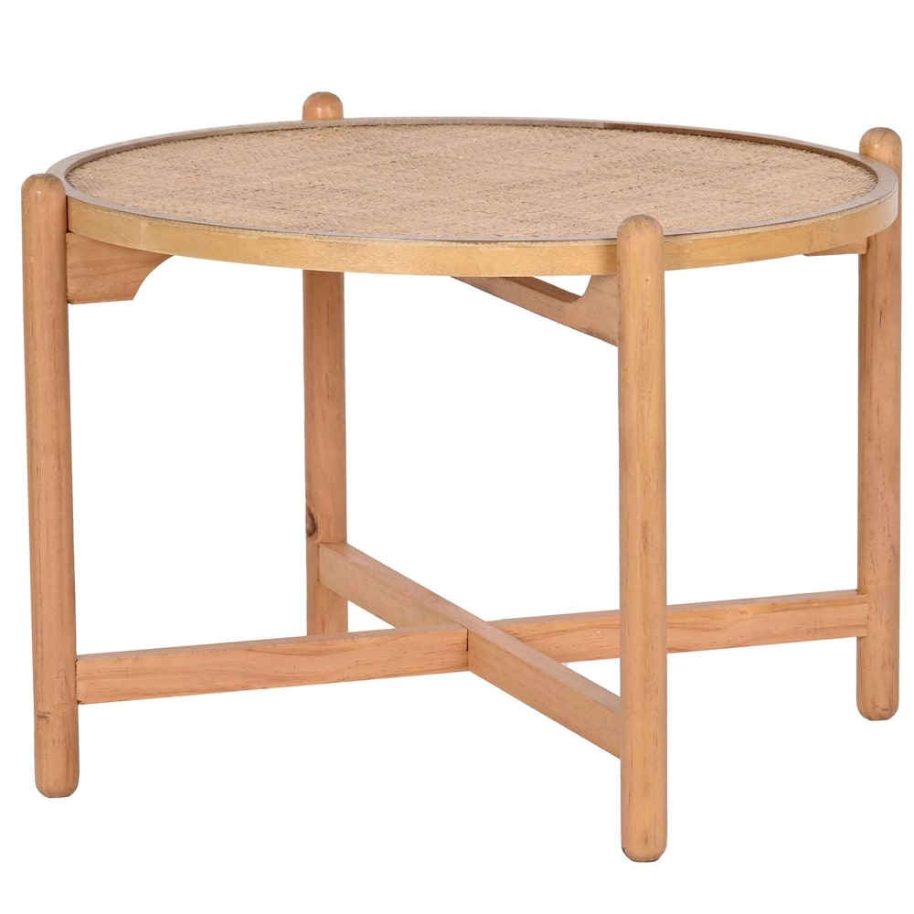Table basse ronde en bois et cannage rotin 66x66x45cm