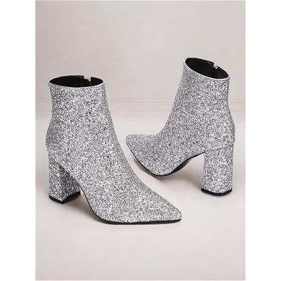 Women's Silver Glitter Ankle Boots with Block Heels, Sparkling and Chic for Parties and Special Occasions