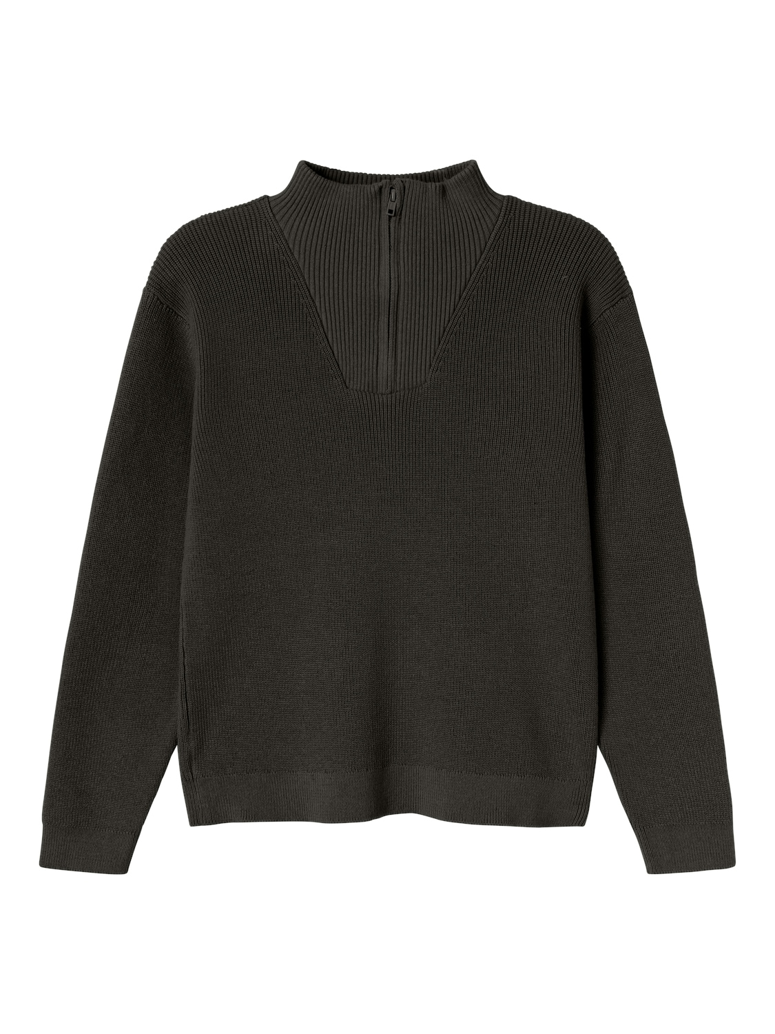 Strickpullover NAME IT "NKMNESOLLE LS KNIT NOOS", Jungen, Gr. 116, schwarz, Strick, Obermaterial: 80% Baumwolle, 20% Nylon, unifarben, Casual, normal hüftbedeckend, ohne Ausschnitt, Rippbündchen, Pullover, mit Troyer-Kragen Image