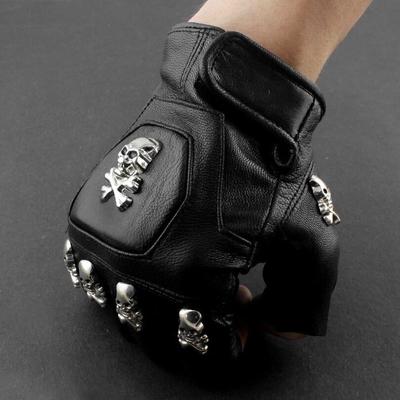 TEMU Mens Real Leather Skull Punk Rocker Driving Motorcycle Biker Fingerless Gloves