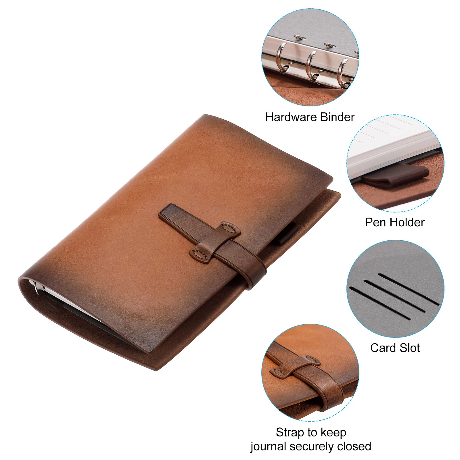 Quaderno raccoglitore in pelle PU A6 Raccoglitore a 6 anelli Quaderno clip-on in PU Ricaricabile in pelle con copertina per notebook a fogli mobili Diario