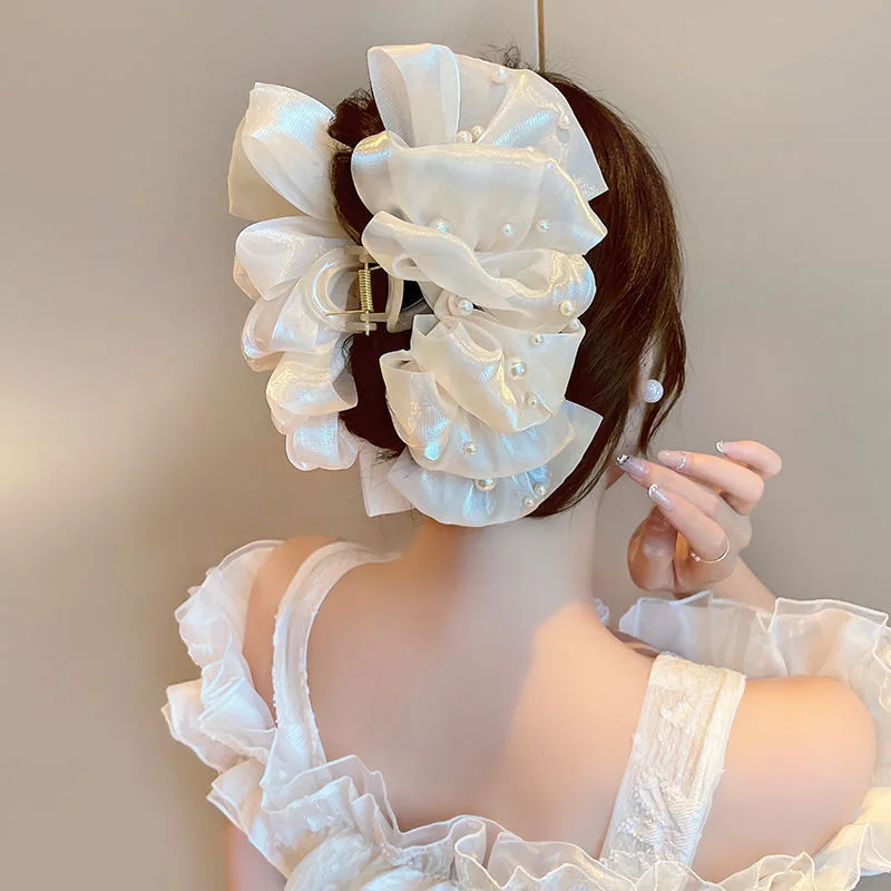 Frauen Haar Klaue Koreanischen Stil Exquisite Perle Haarnadel Haar Zubehör Süße Schleife Zurück Kopf Blume Greifen Mode Schöne Haar klaue Image