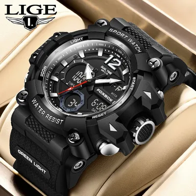 LIGE Mode Sport Uhren Männer Stoßfest 50M Wasserdichte Armbanduhr LED Alarm Multi-funktion Uhr Uhr Militär Männer uhr