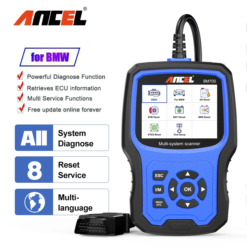 Ancel bm700 obd2 automotive scanner für bmw/mini epb sas airbag tpms öl reset injektor codierung auto diagnose tool kostenloses update Image