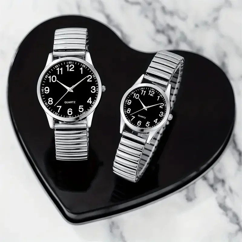 2 pièces chiffres arabes en alliage noir pour hommes et femmes bande élastique ensemble de montre à quartz amoureux montre coffret cadeau