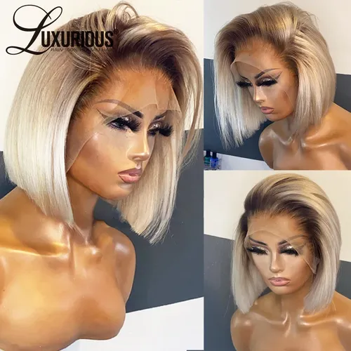 200 densité 13x6 Ombre Blonde Bob Lace Front perruque de cheveux humains 13x4 Transparent perruques courtes pas cher droite cheveux brésiliens pour les femmes
