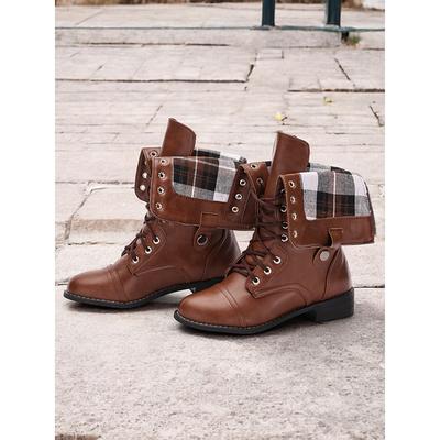 Women's Brown Convertible Lace-Up Combat Boots with Fold-Down Plaid Cuffs - Versatile Vintage Style for Casual and Outdoor Wear